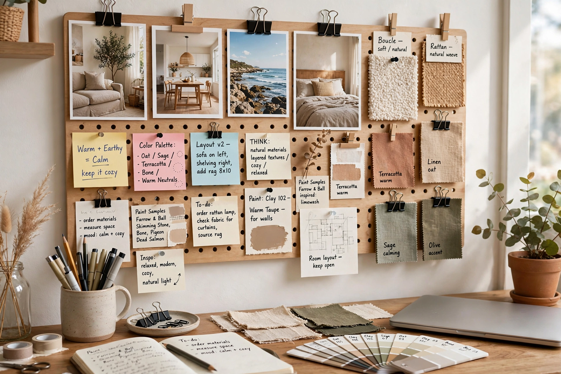 Pegboard inspiration zone with clip-on mood board photos swatches and notes in a home office
