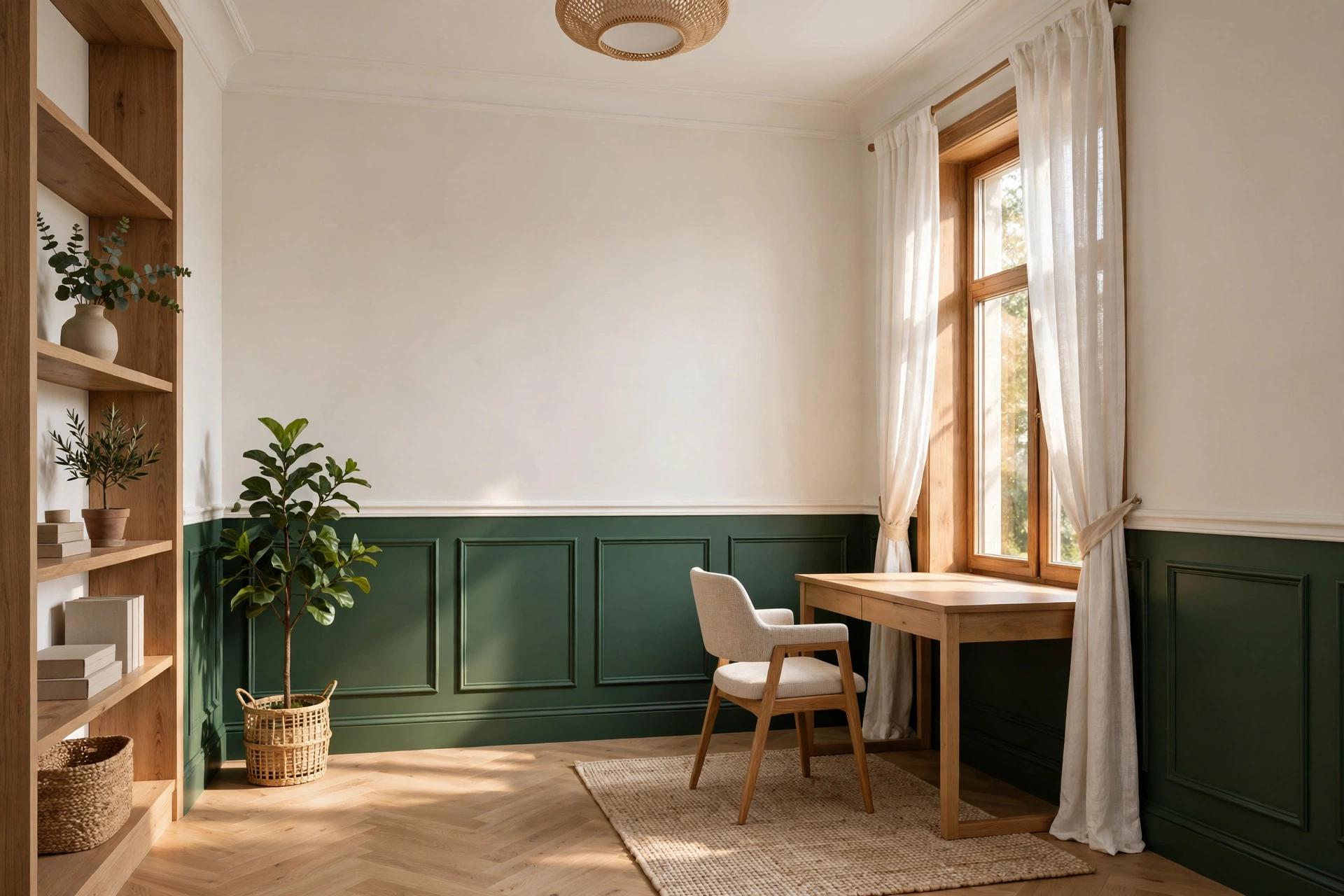 Home office with forest green lower wall and warm white upper wall divided by trim