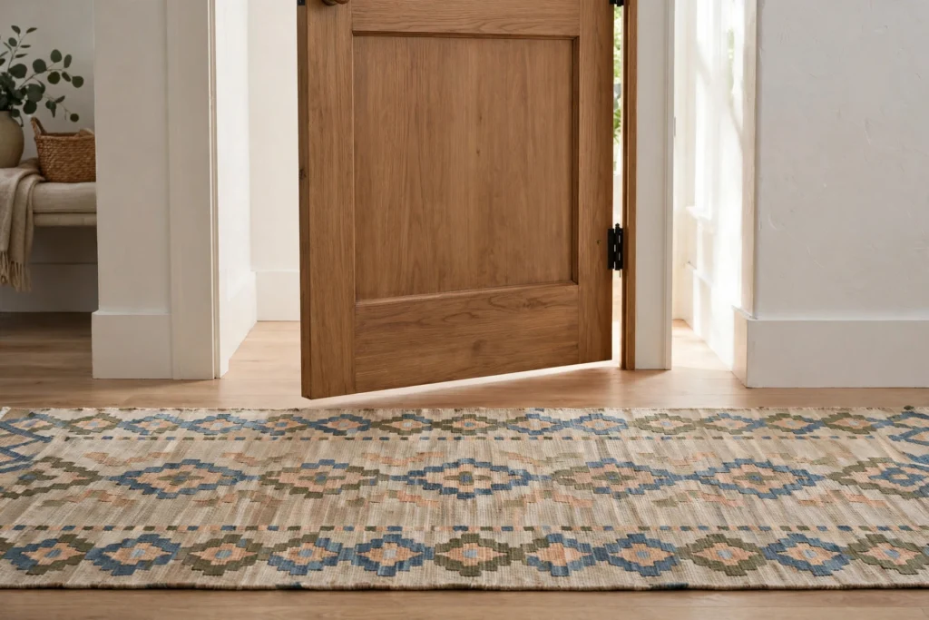 Low pile flatweave rug clearing a swinging interior door