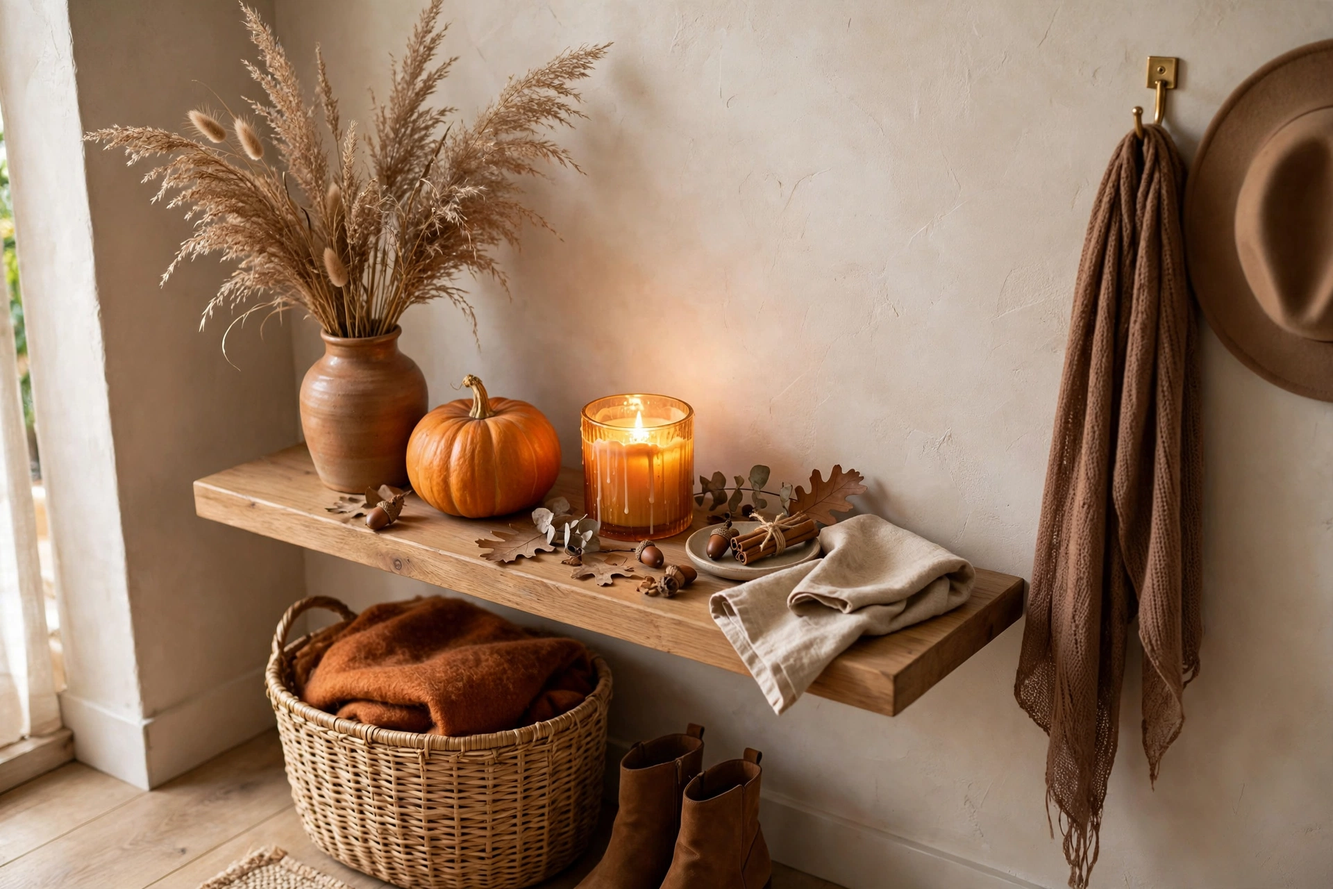 Entryway shelf styled for autumn with dried grasses, a pumpkin, and a warm-toned candle