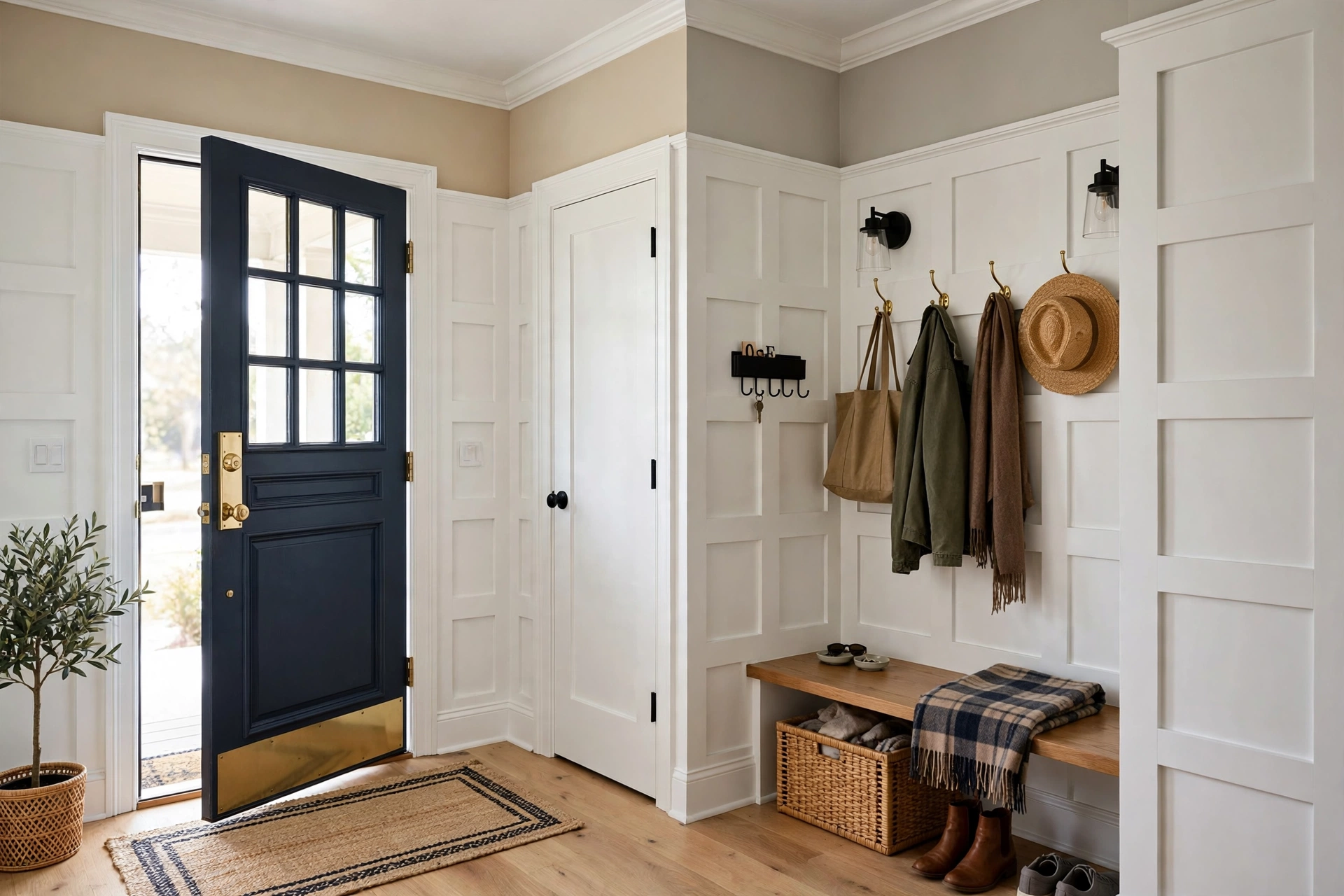 Entryway wainscoting wrapped around the front door and coat closet wall