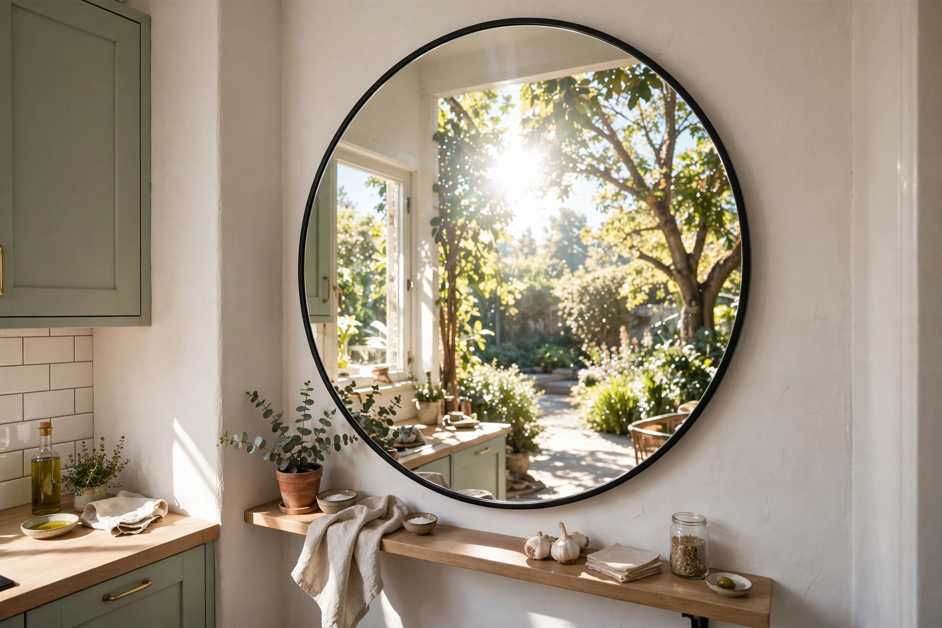 Large round mirror reflecting light on a small kitchen wall