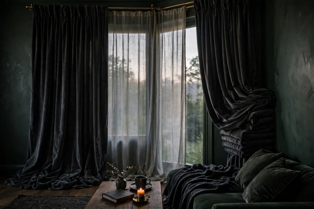 Floor-to-ceiling charcoal velvet curtains with linen sheers in a dark living room