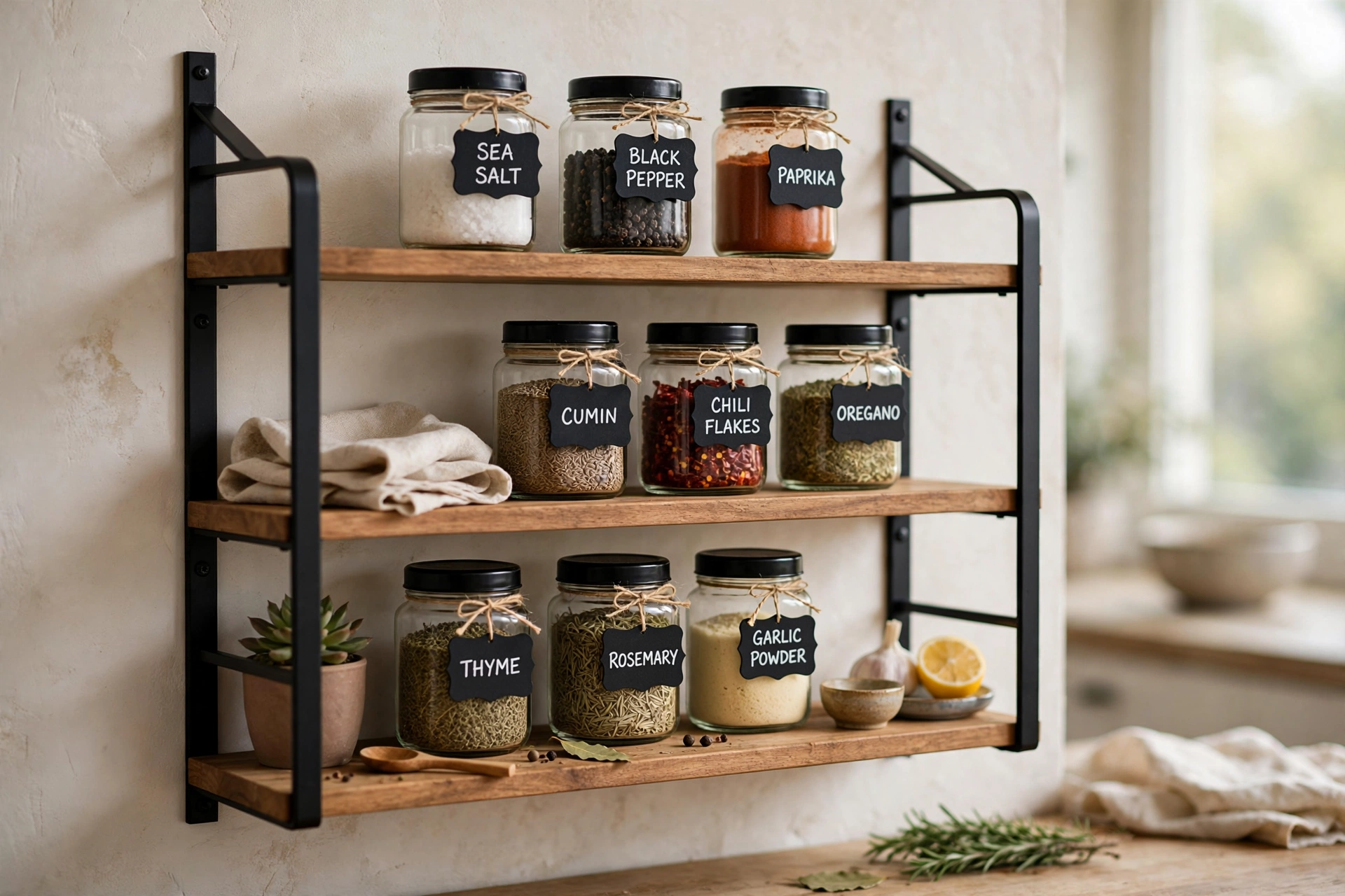 Spice jars with small chalkboard labels on an open kitchen rack