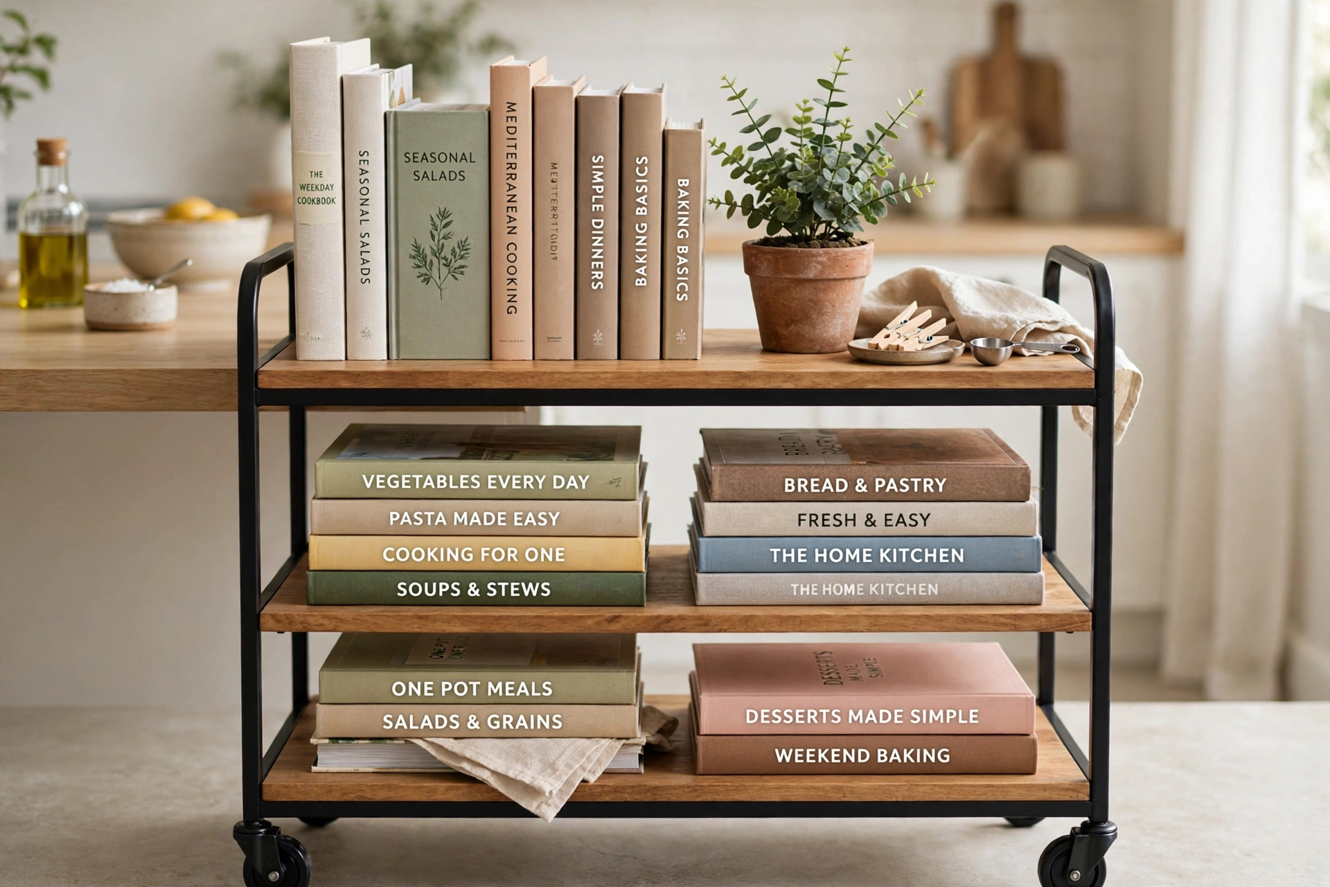 Kitchen cart filled with organized cookbooks and a small plant