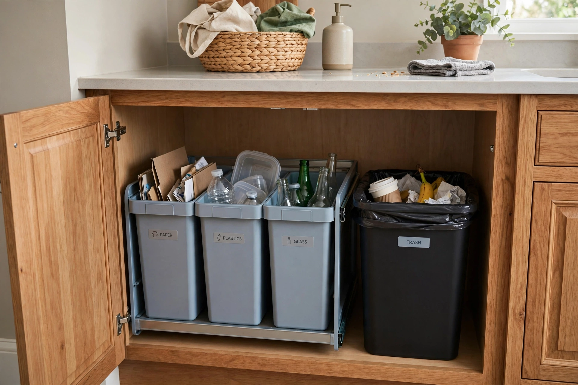 Hidden recycling sorter installed beside the trash in one cabinet