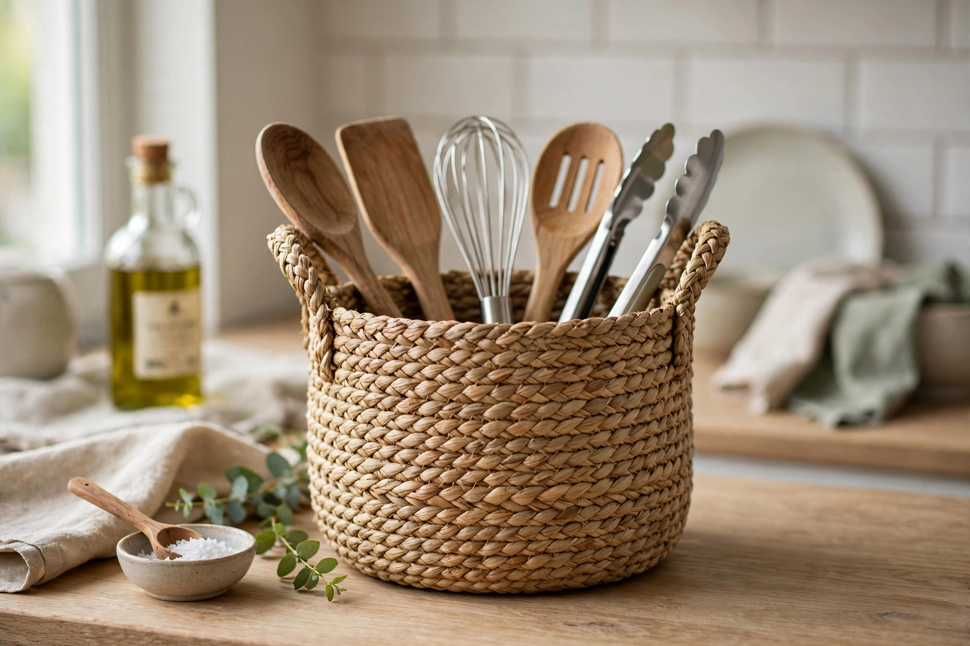 Woven seagrass basket used as a textured utensil holder