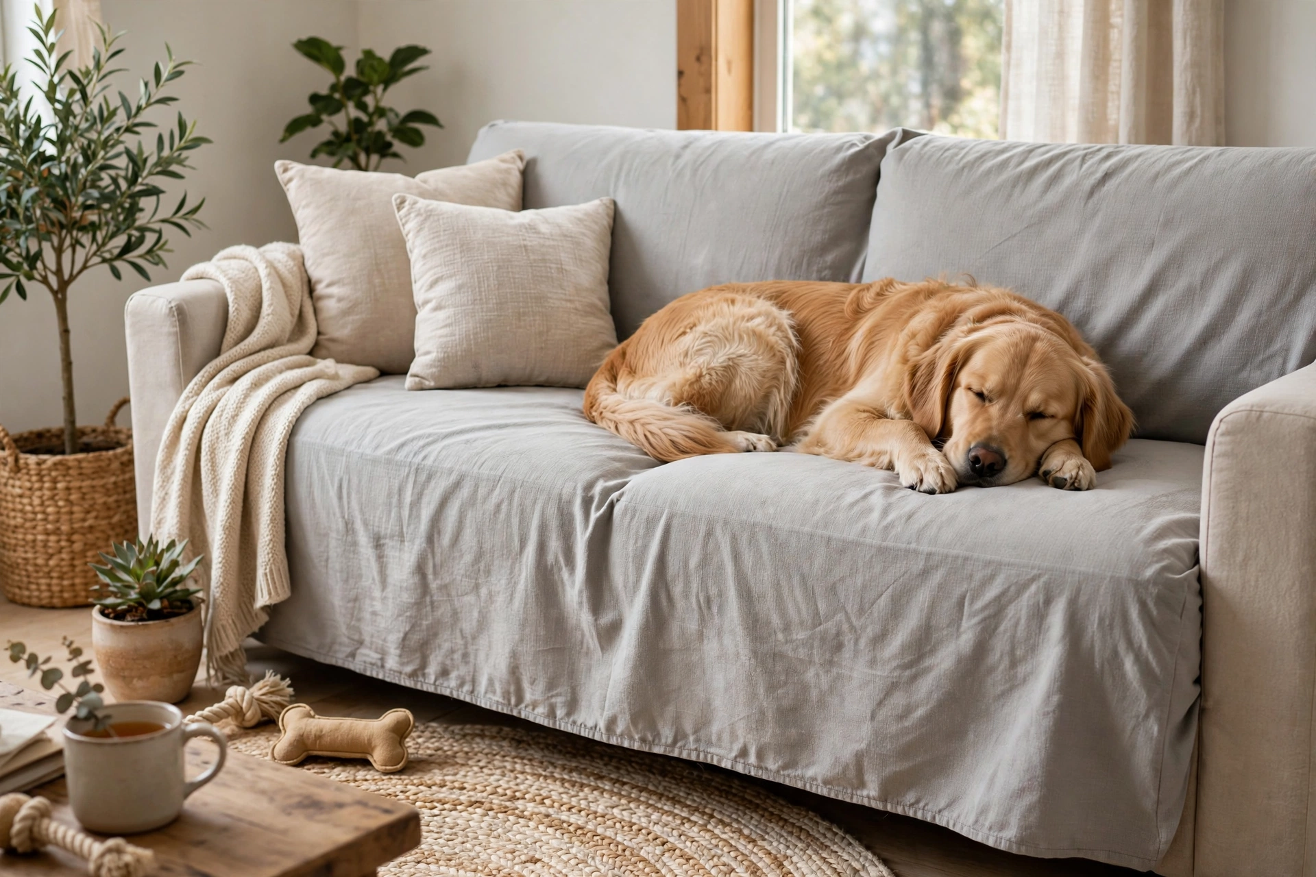 Pet friendly slipcover sofa with a dog resting on a washable cover