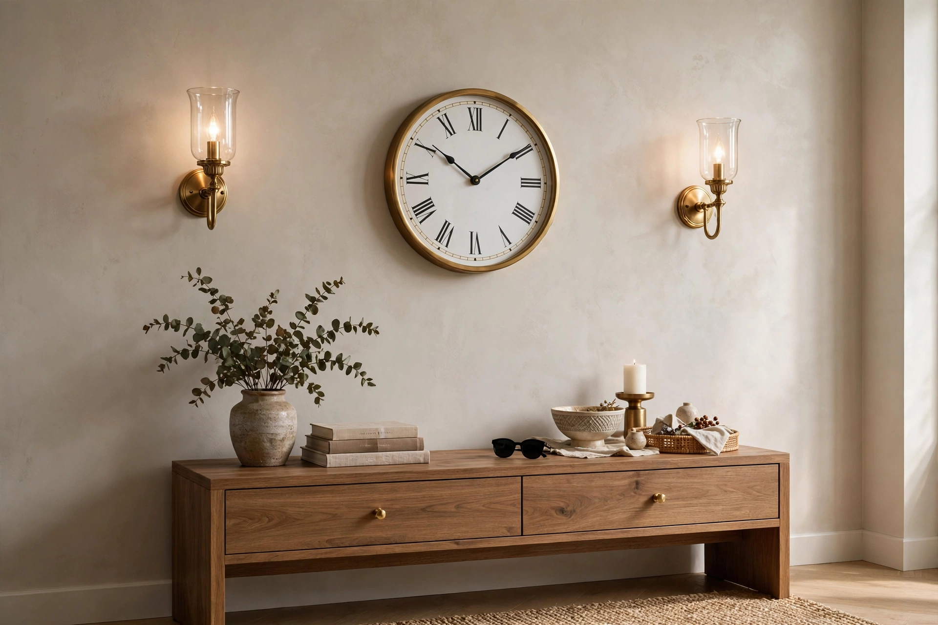 Wall clock flanked by two elegant sconces above a console table