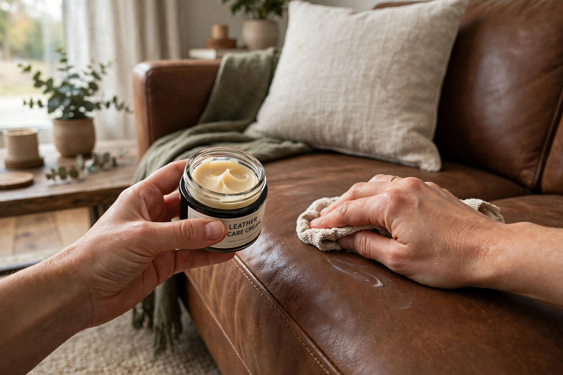 Hands conditioning a leather sofa with care cream in a living room