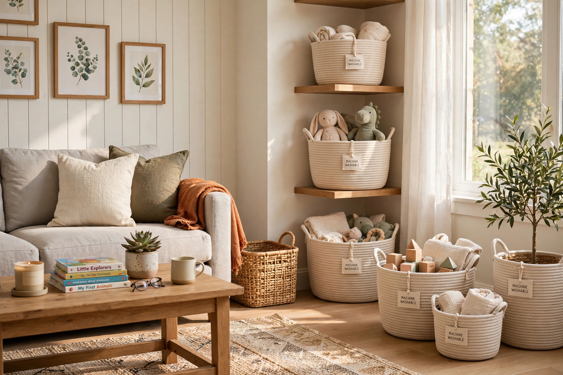 Machine washable cotton rope baskets in a bright family living room
