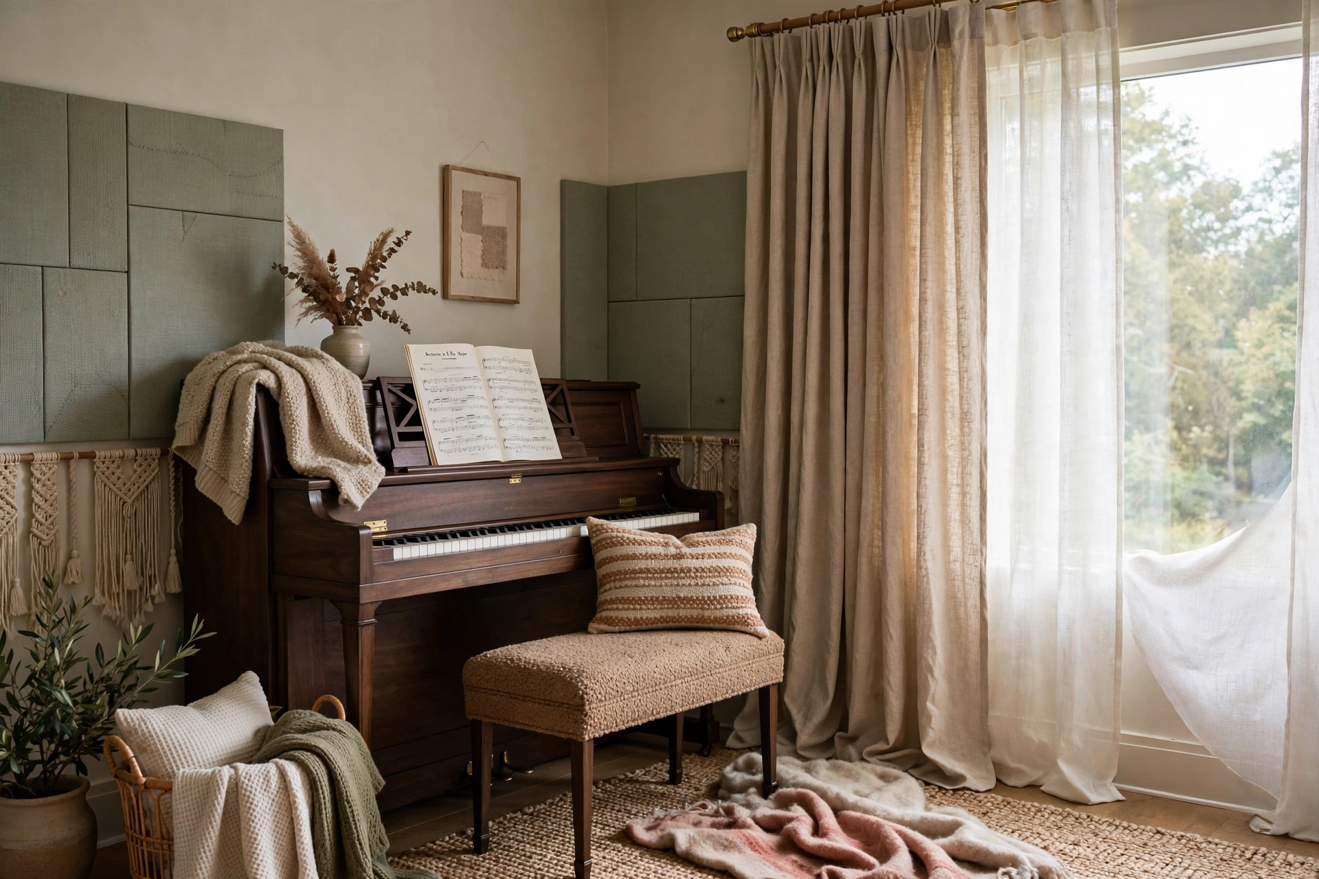 Piano corner with curtains and textiles softening the acoustics