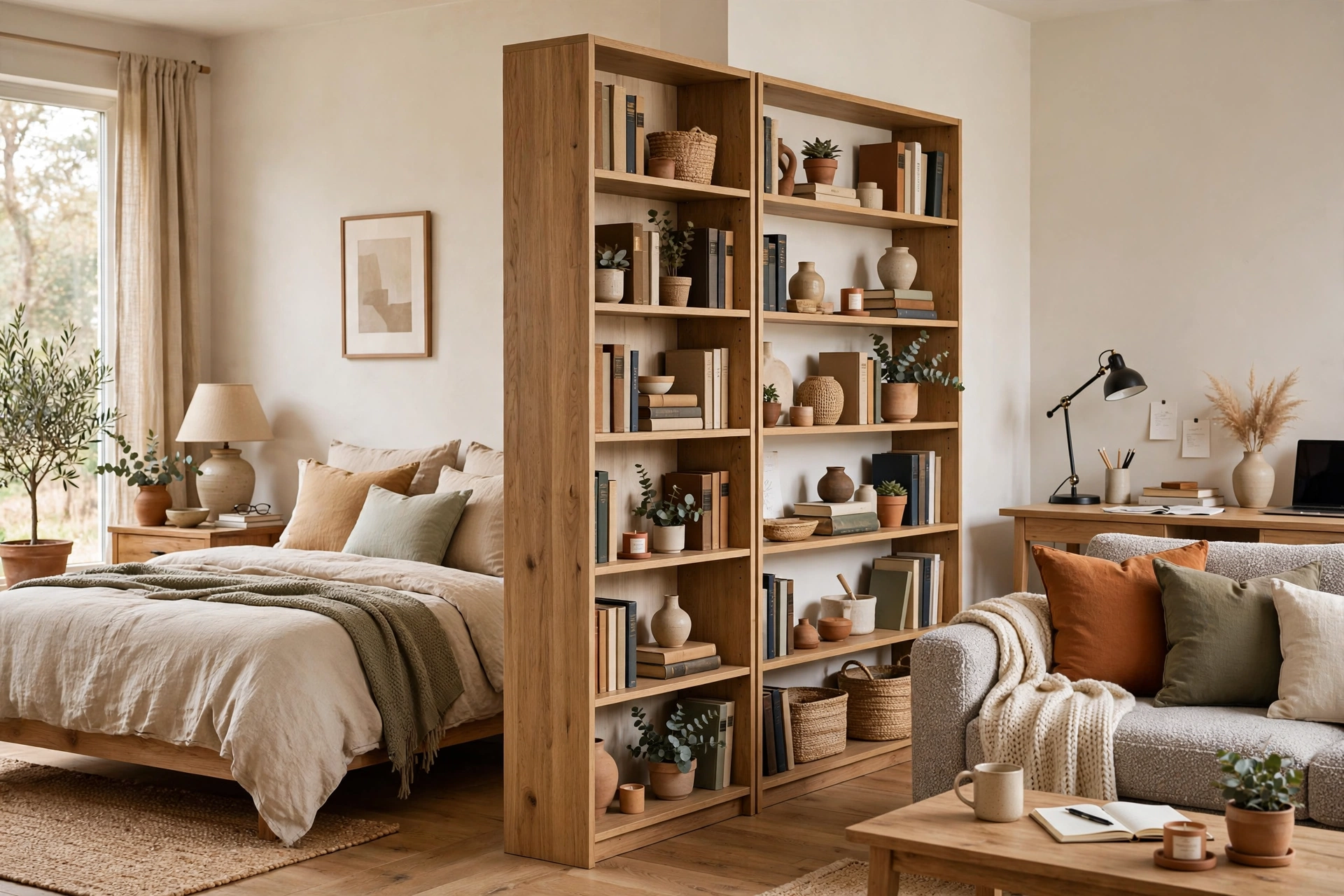 Double-sided bookcase dividing a studio bedroom into zones