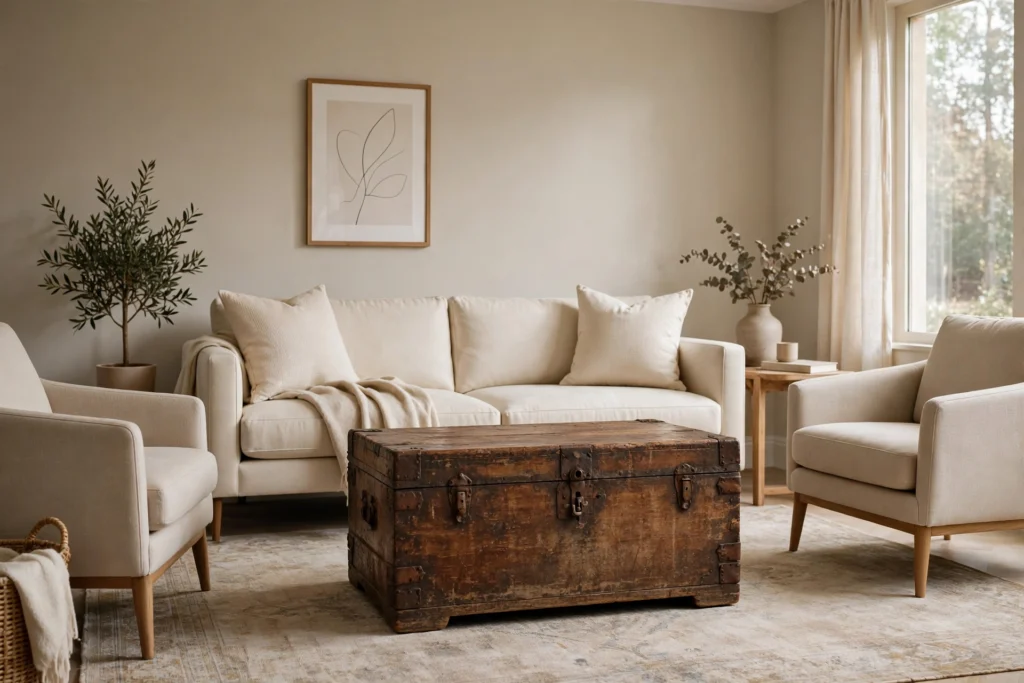 Antique weathered wooden chest as coffee table with a modern cream sofa