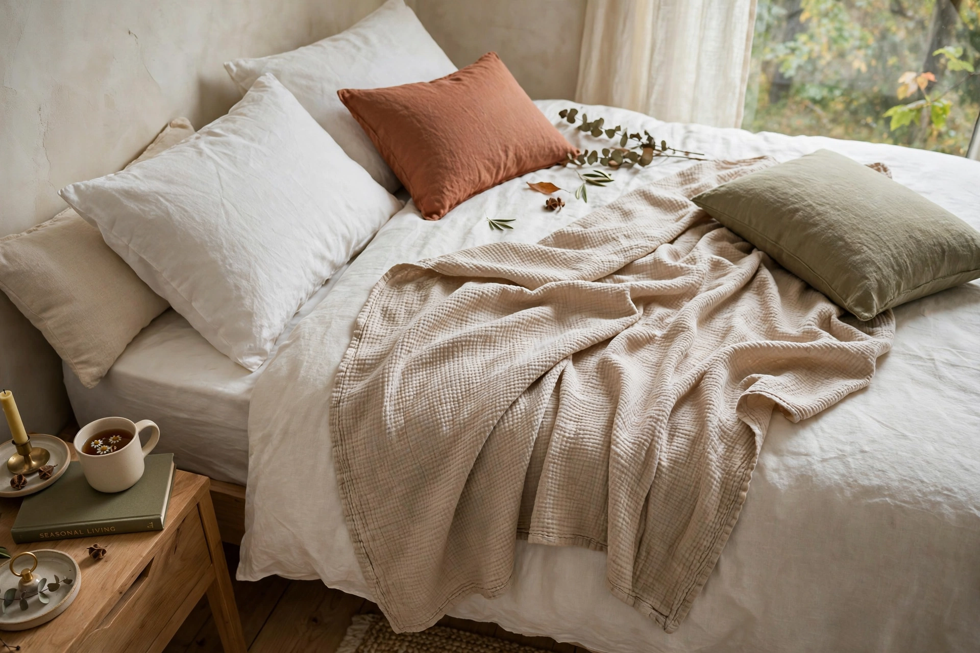 Lightweight cotton throw blanket on a bed styled for seasonal transition