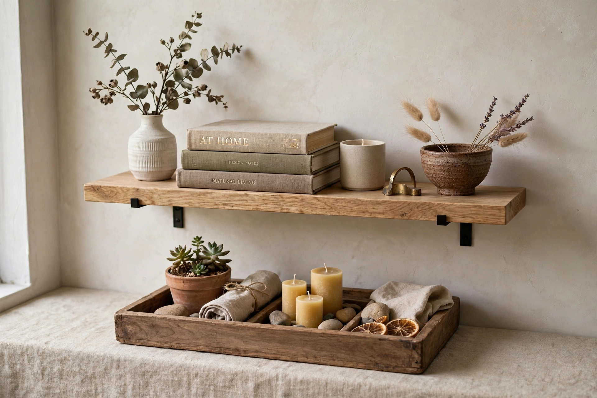 Wall shelf vignette anchored by a low wooden tray arrangement