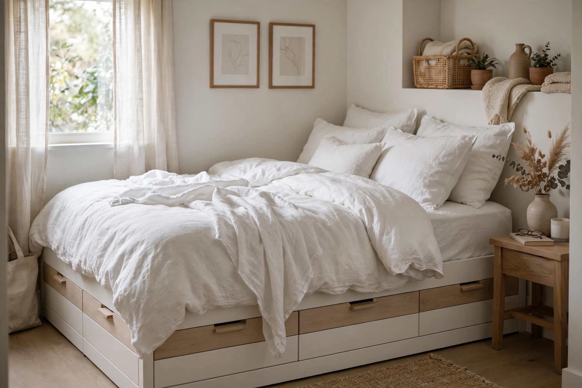 Storage bed styled with light airy white bedding in a small bedroom