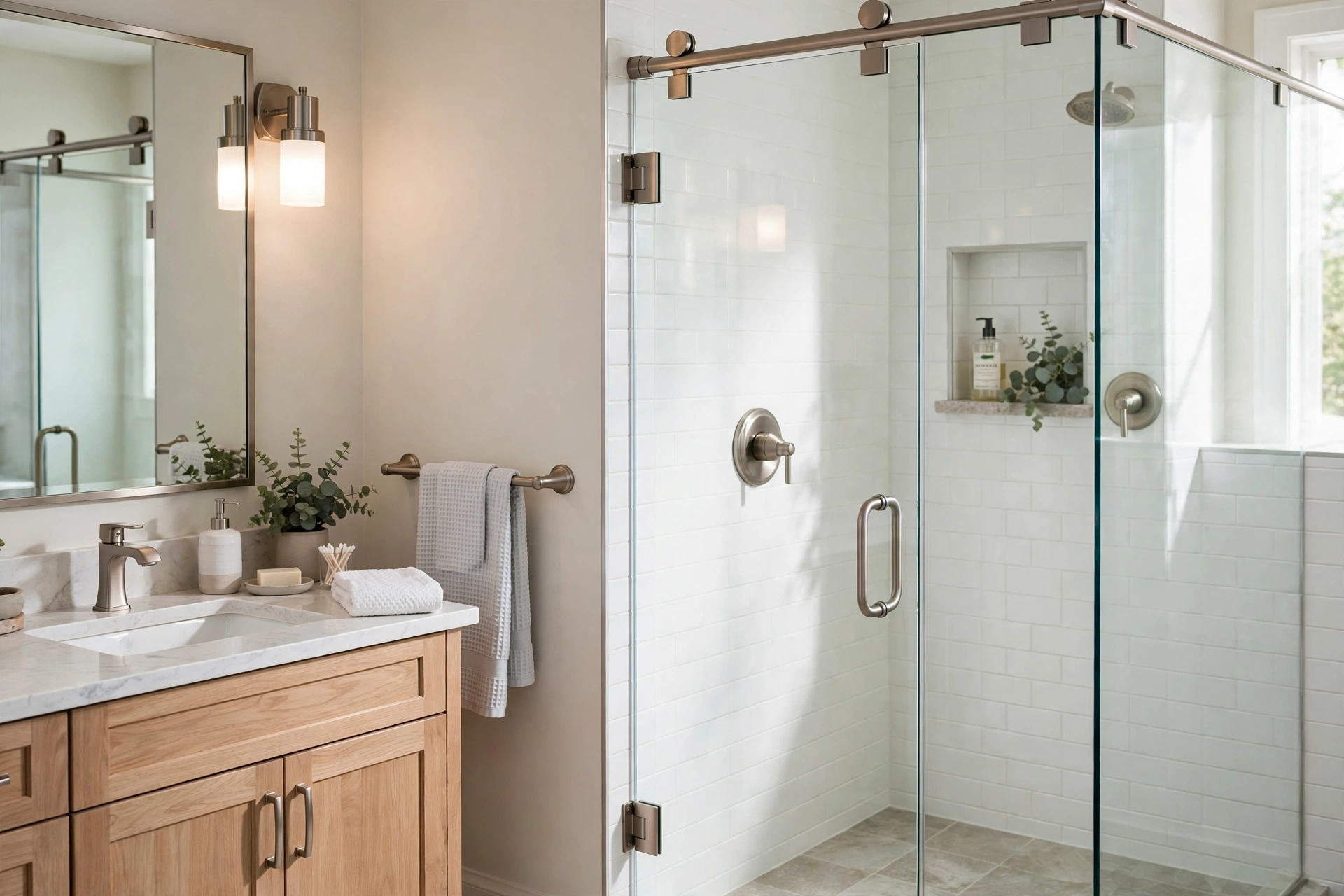 Brushed nickel shower door hardware matching the bathroom fixtures