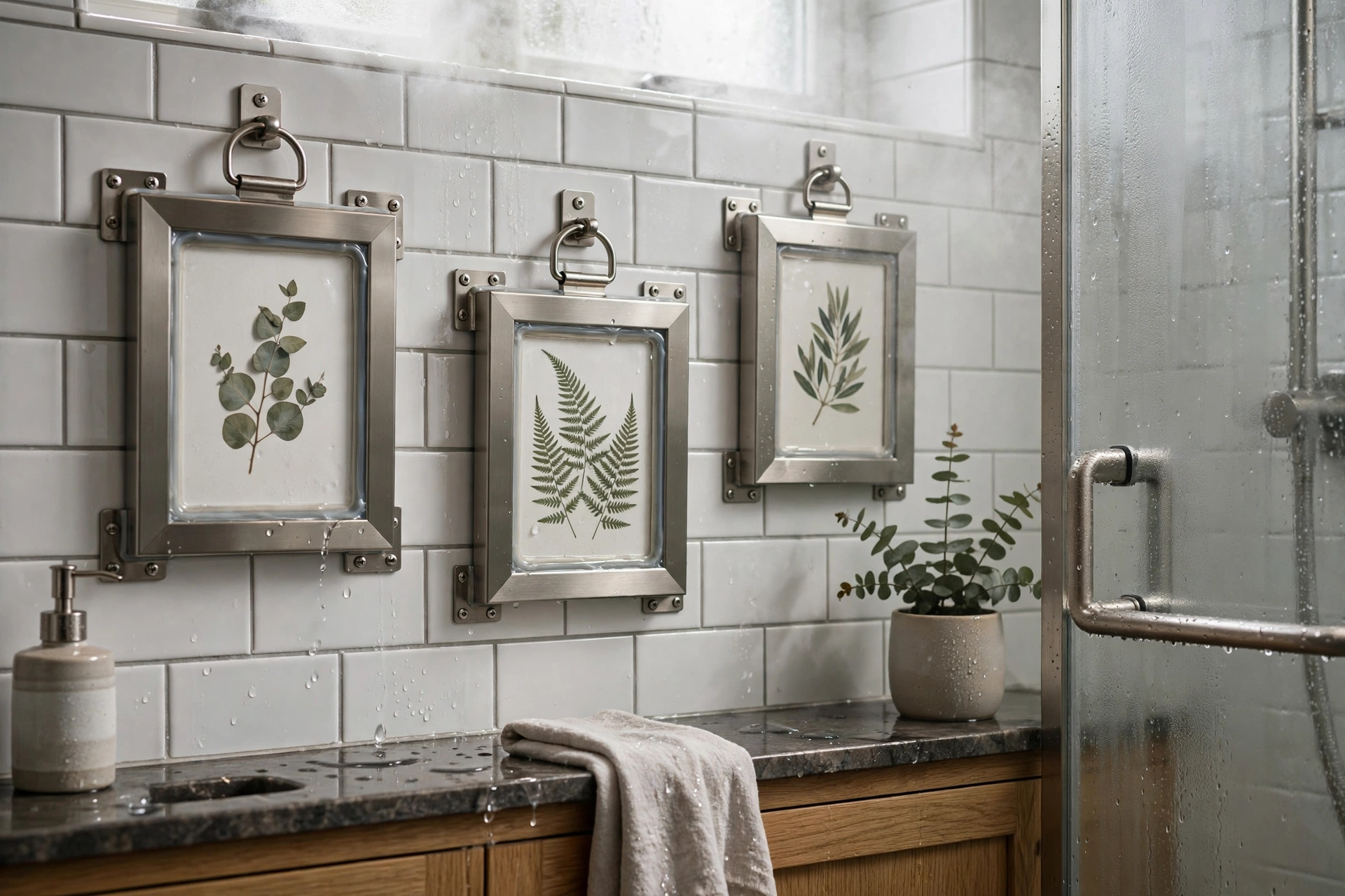 Sealed metal picture frames with rust proof hardware in a humid bathroom