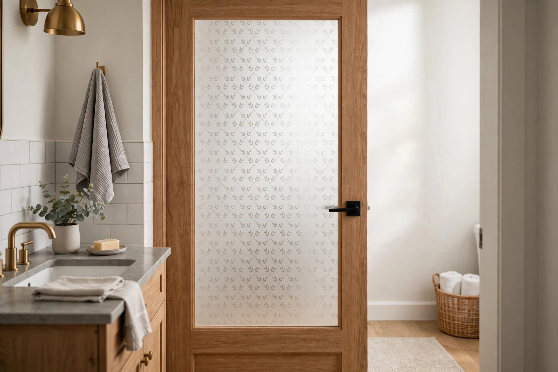 Frosted privacy window film with a subtle pattern on a bathroom door glass