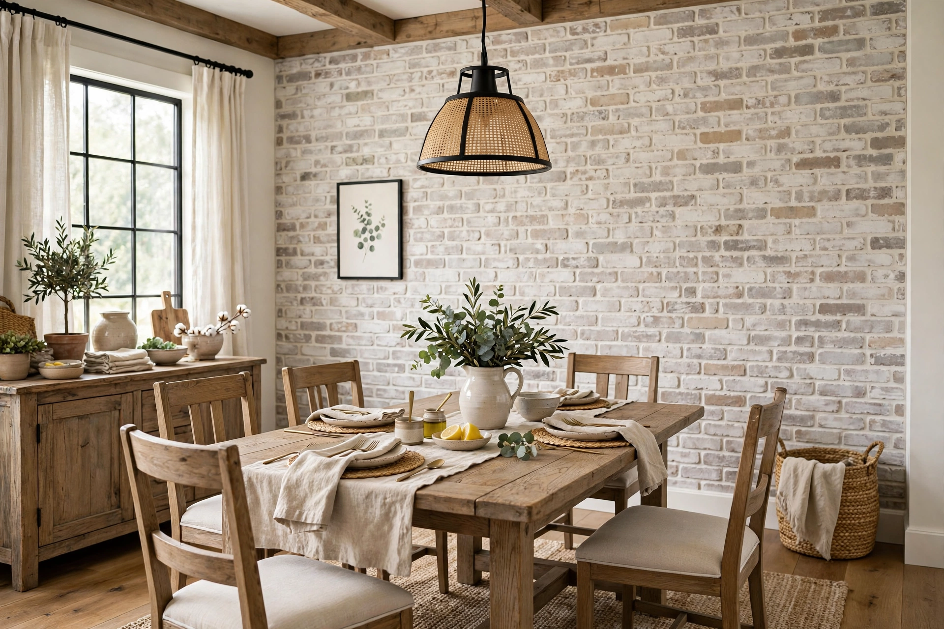 Whitewashed brick veneer accent wall in a farmhouse dining room