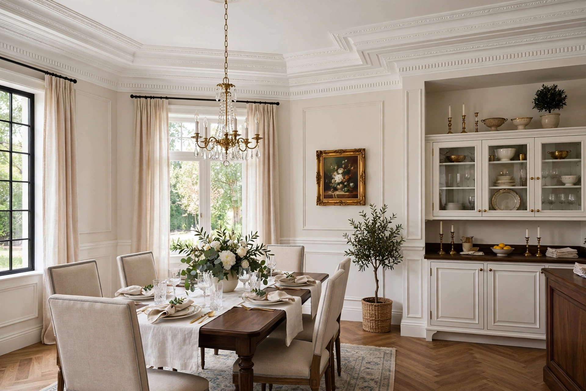 Formal dining room with layered white crown molding at the ceiling