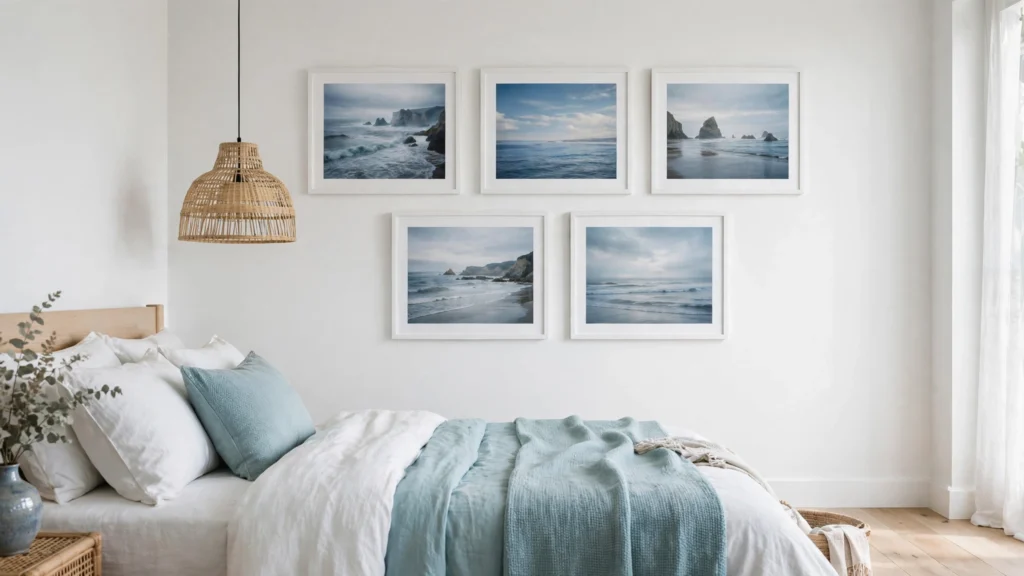 Gallery wall of framed ocean photography above a bed in a coastal bedroom