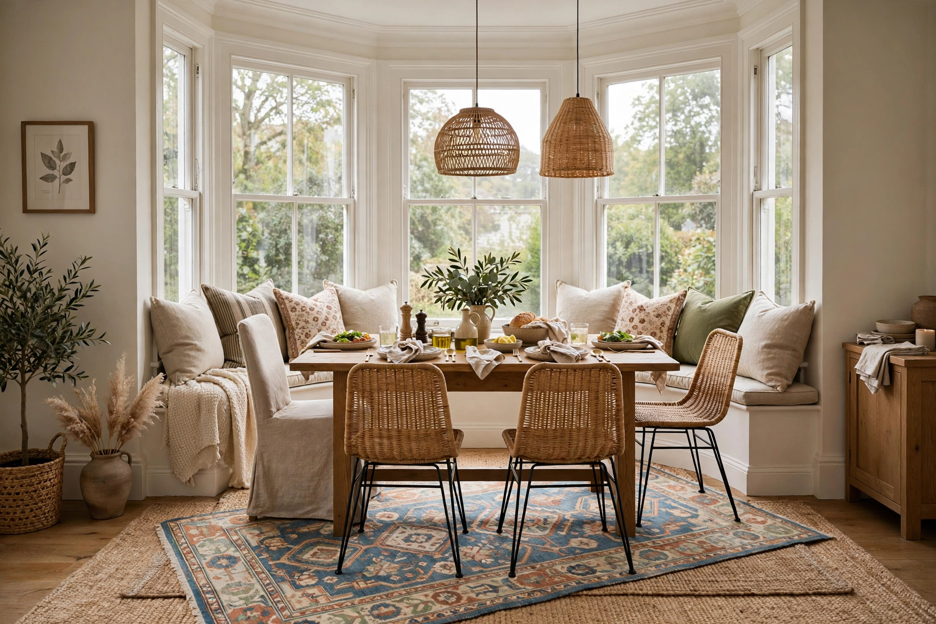 Layered jute and patterned rugs defining a bay window dining zone
