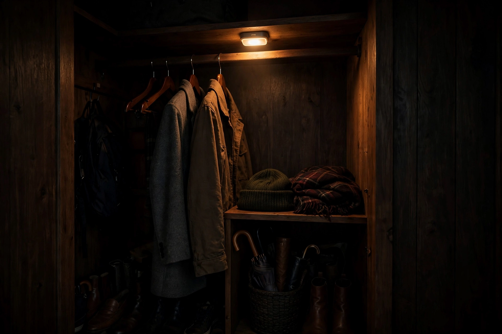 Motion sensor LED light glowing inside a dark entryway closet