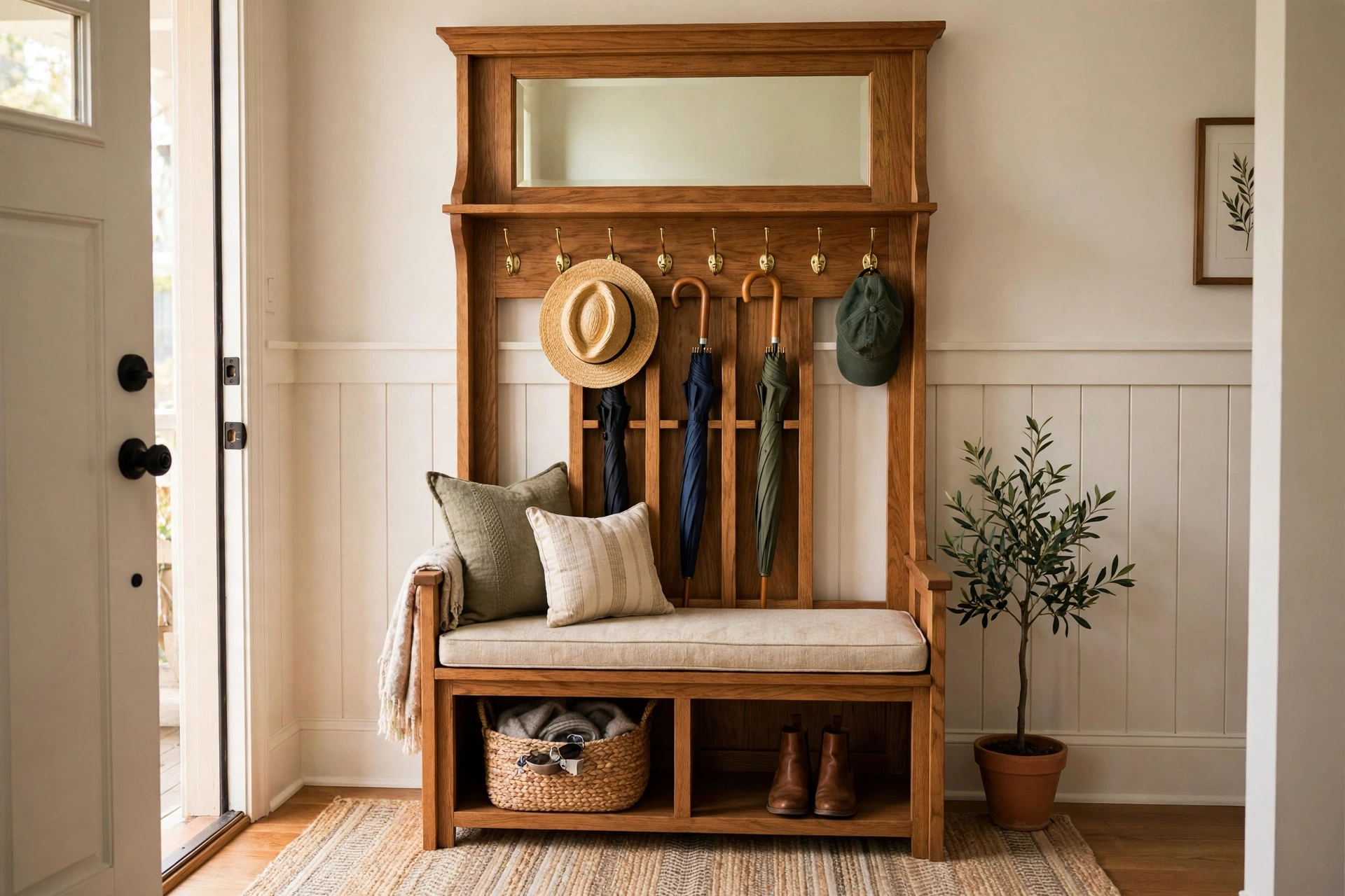 Hall tree with built-in umbrella storage hooks and bench in an entryway