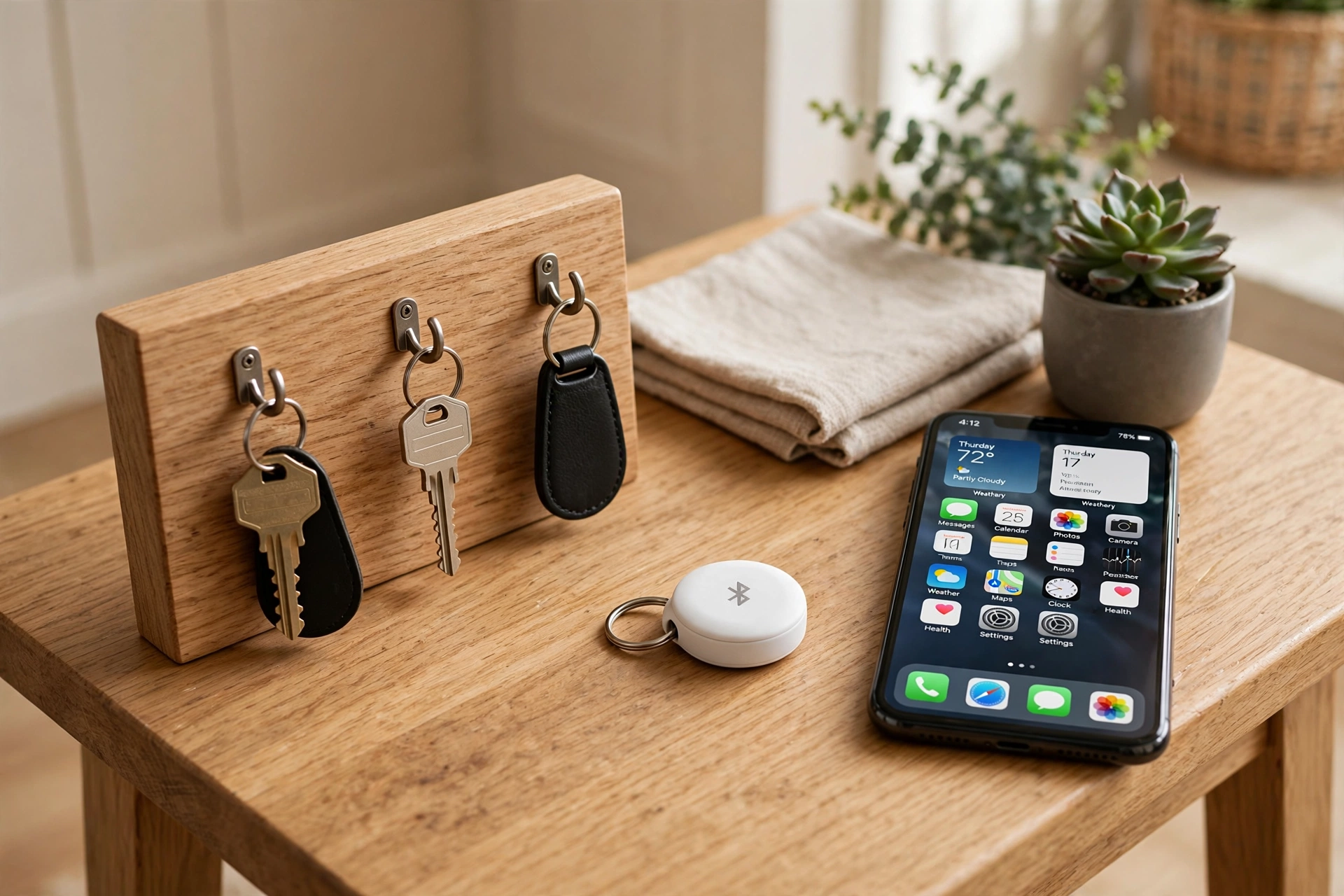 Entryway key dock with a Bluetooth tracker beside a smartphone