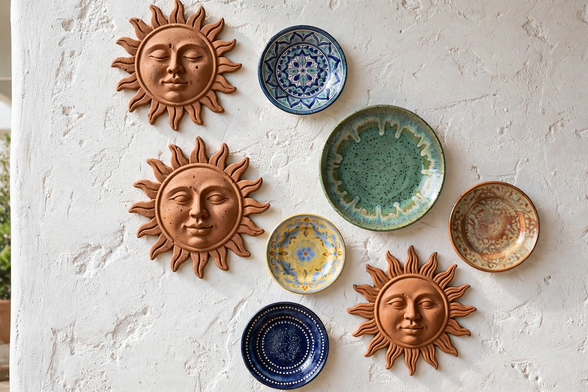 Terracotta sun faces and glazed plates arranged on a white stucco wall