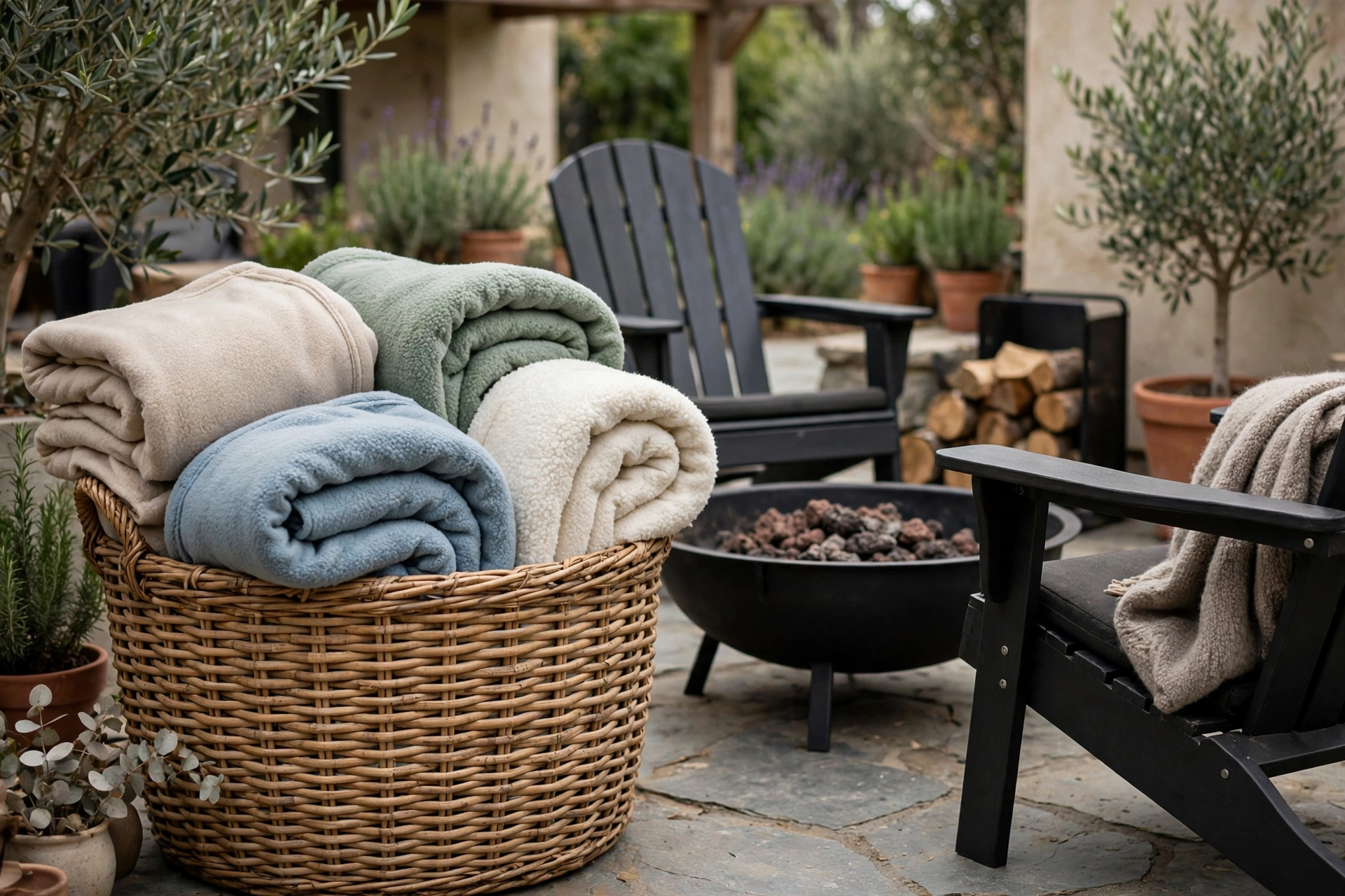 Woven basket filled with folded fleece blankets beside fire pit chairs