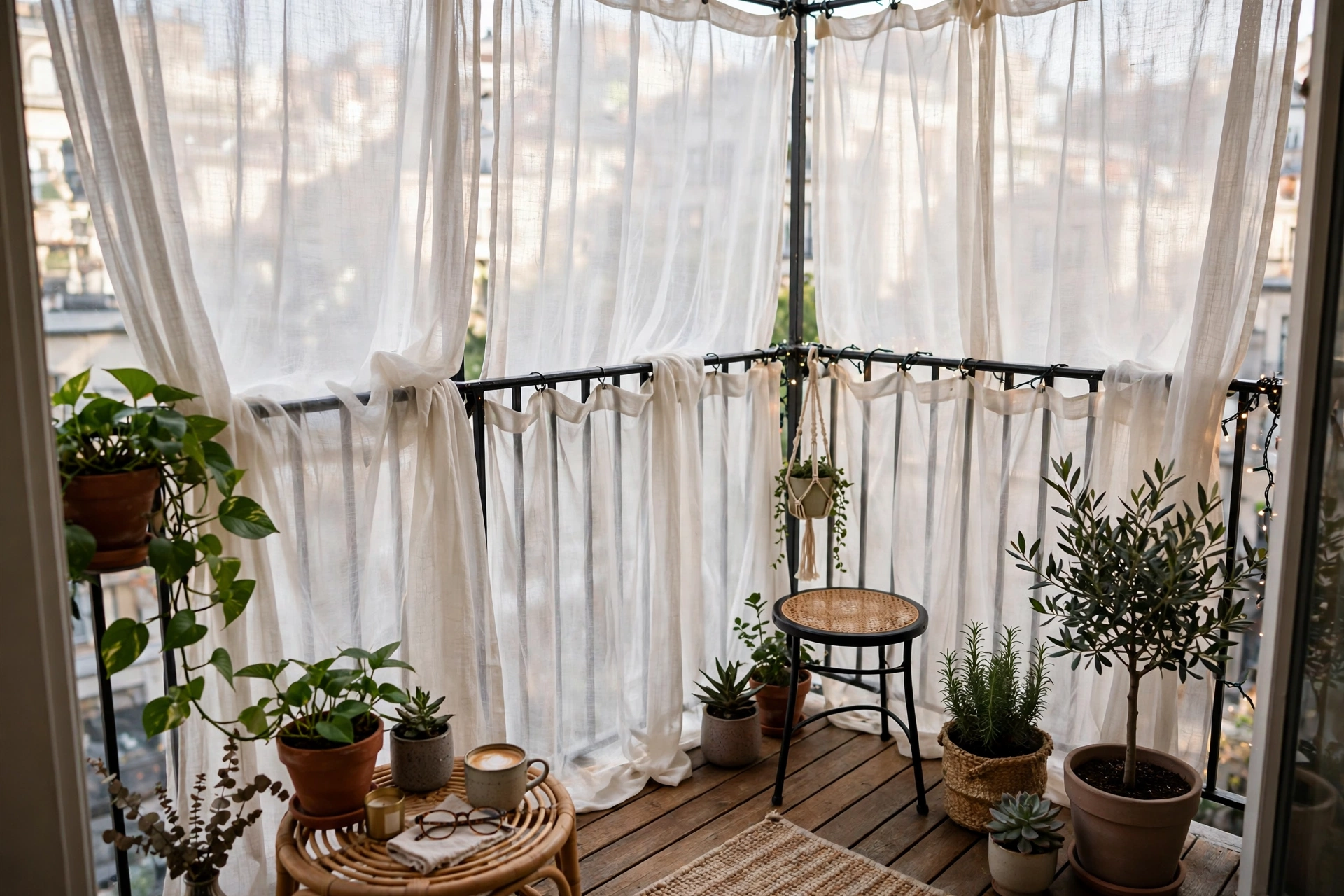 Small apartment balcony with curtains hung inside the railing for privacy