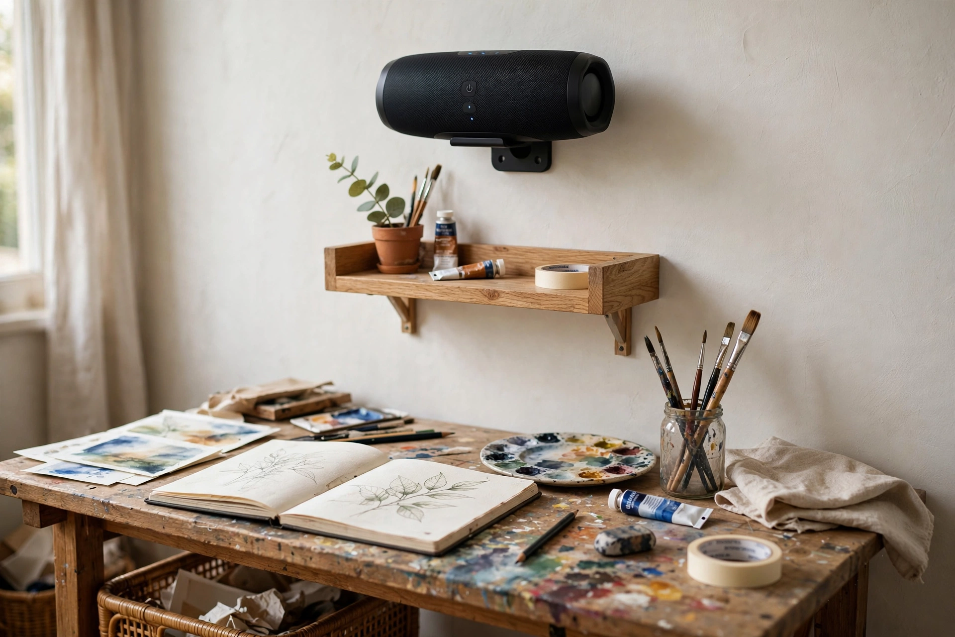 Small wall shelf with a bluetooth speaker above an art worktable