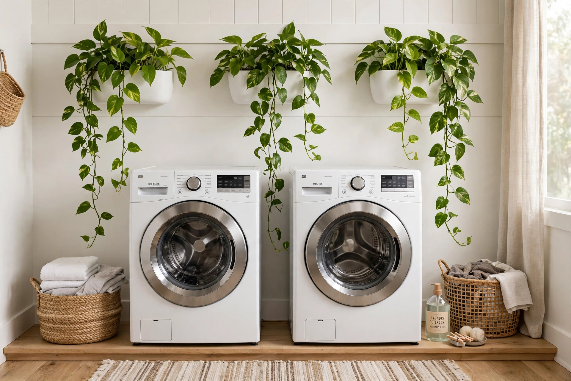 Trailing pothos in wall planters above laundry machines
