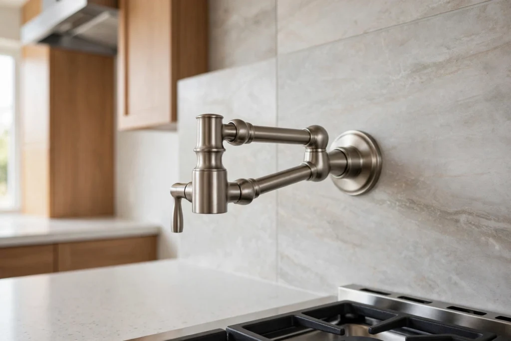Brushed nickel pot filler showing a smudge-resistant satin finish near the stove