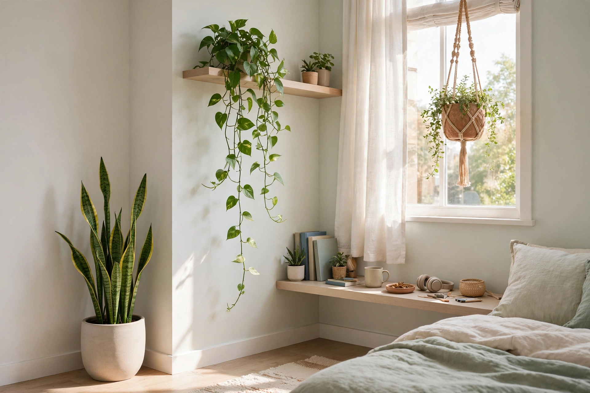 Teen bedroom plant corner with a snake plant, trailing pothos and a hanging planter by the window