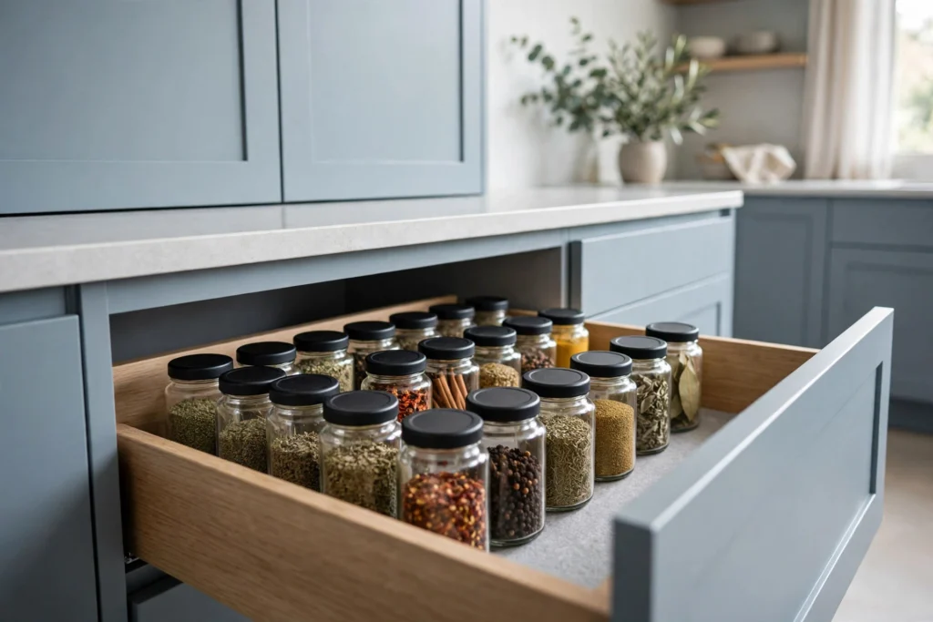Spice drawer installed in a cool cabinet away from the hot range area
