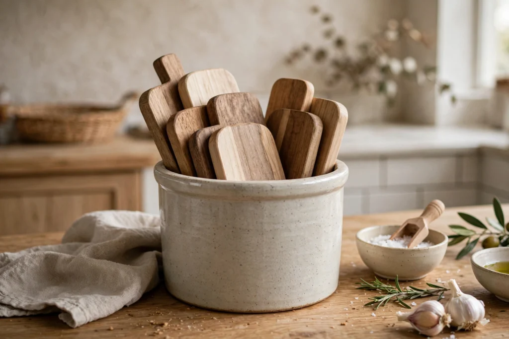 Small wooden cutting boards stored upright in a stoneware crock on the counter