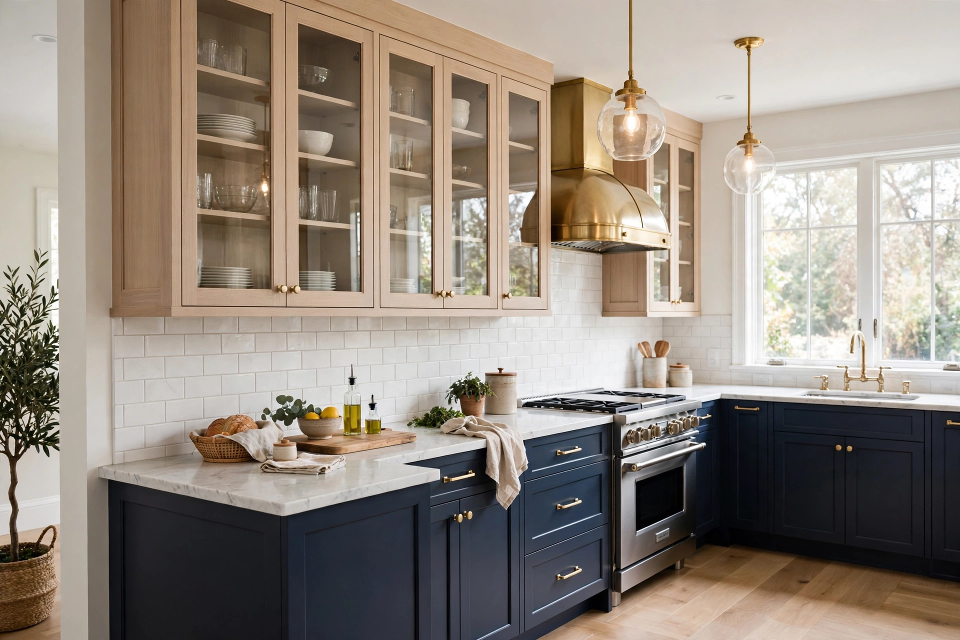 Navy base cabinets paired with light glass-front uppers in a two-tone kitchen