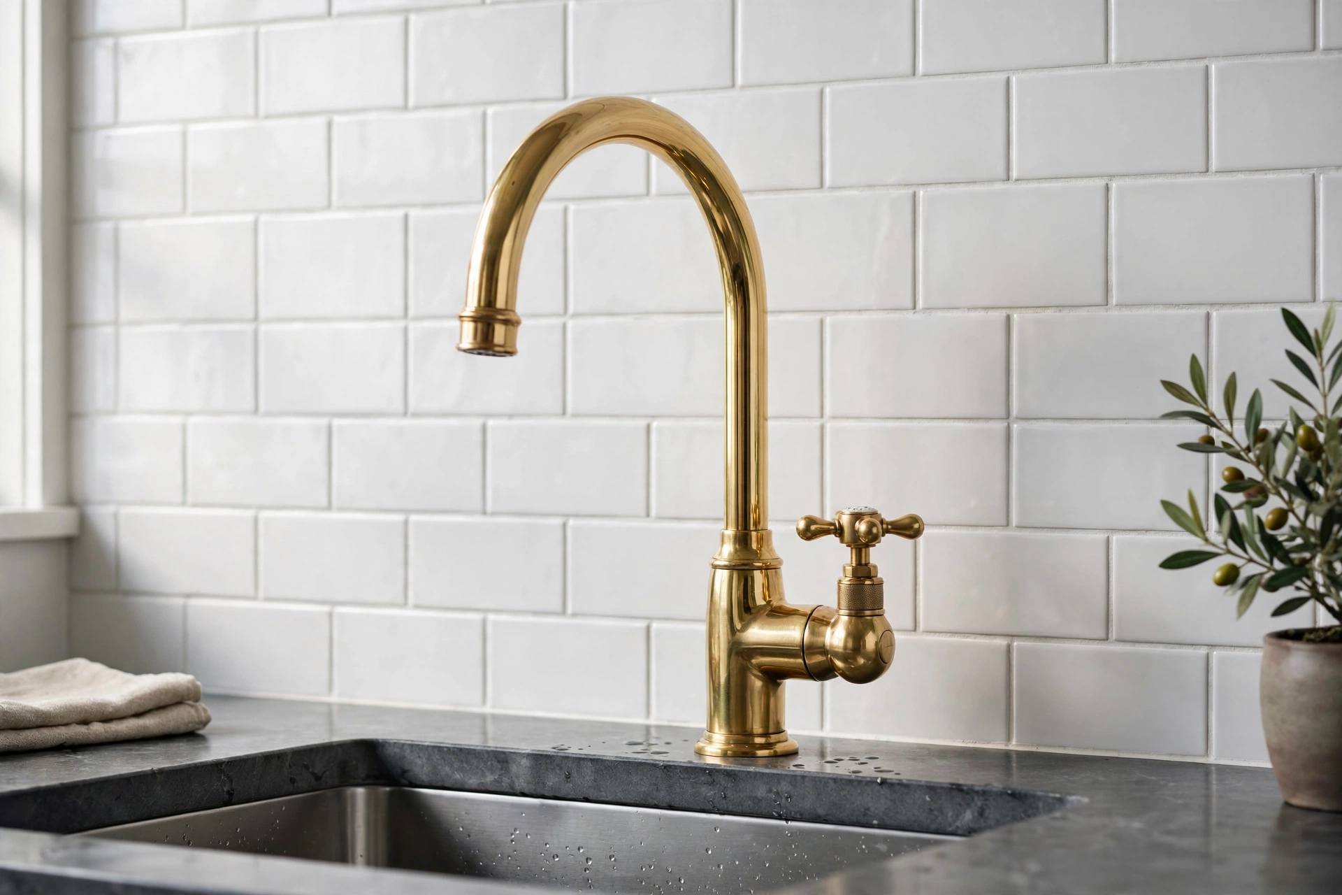 Statement brass faucet styled against simple white subway tile backsplash