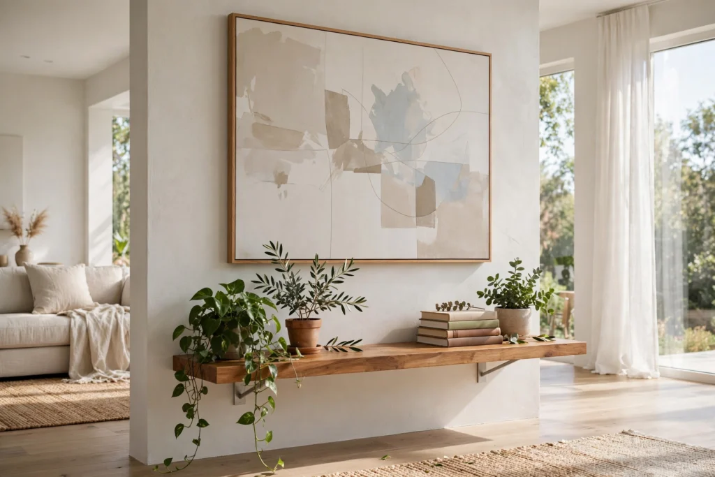 Floating wooden bench styled with plants and books under large art
