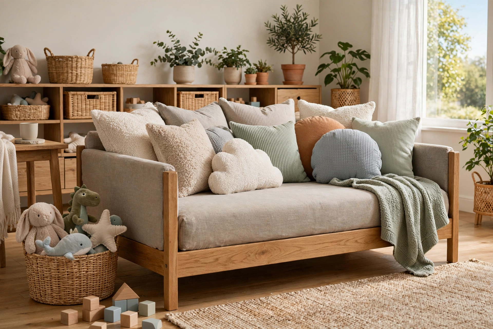 Family living room daybed with durable fabrics and pile of pillows