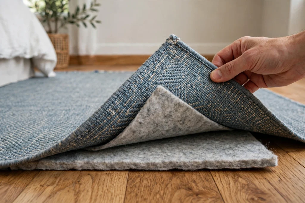 Hand lifting a rug corner to reveal a thick felt rug pad underneath
