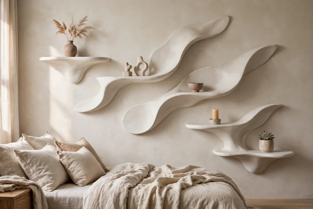 Asymmetrical floating shelves styled as sculptural wall art with single objects