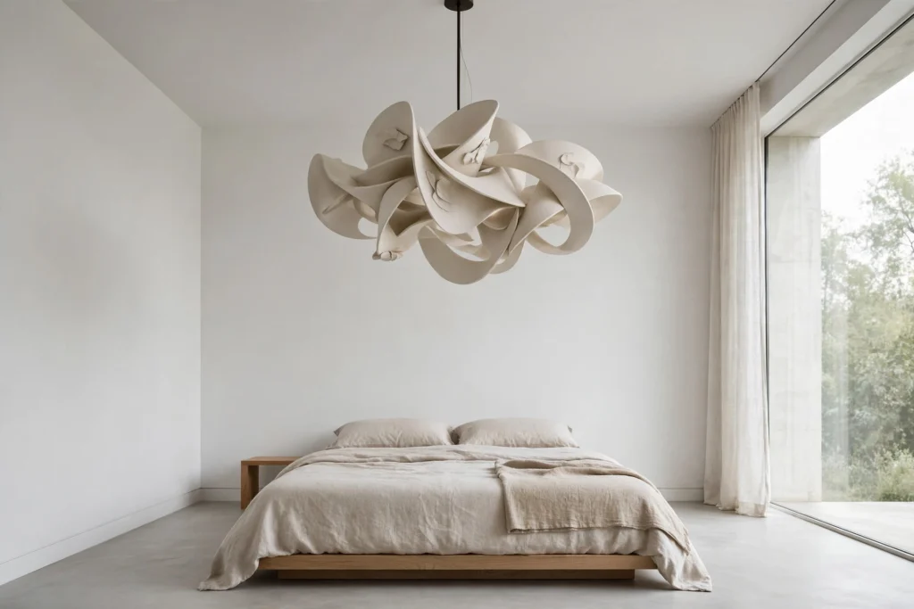 Sculptural modern chandelier as the sole art piece in a minimalist bedroom