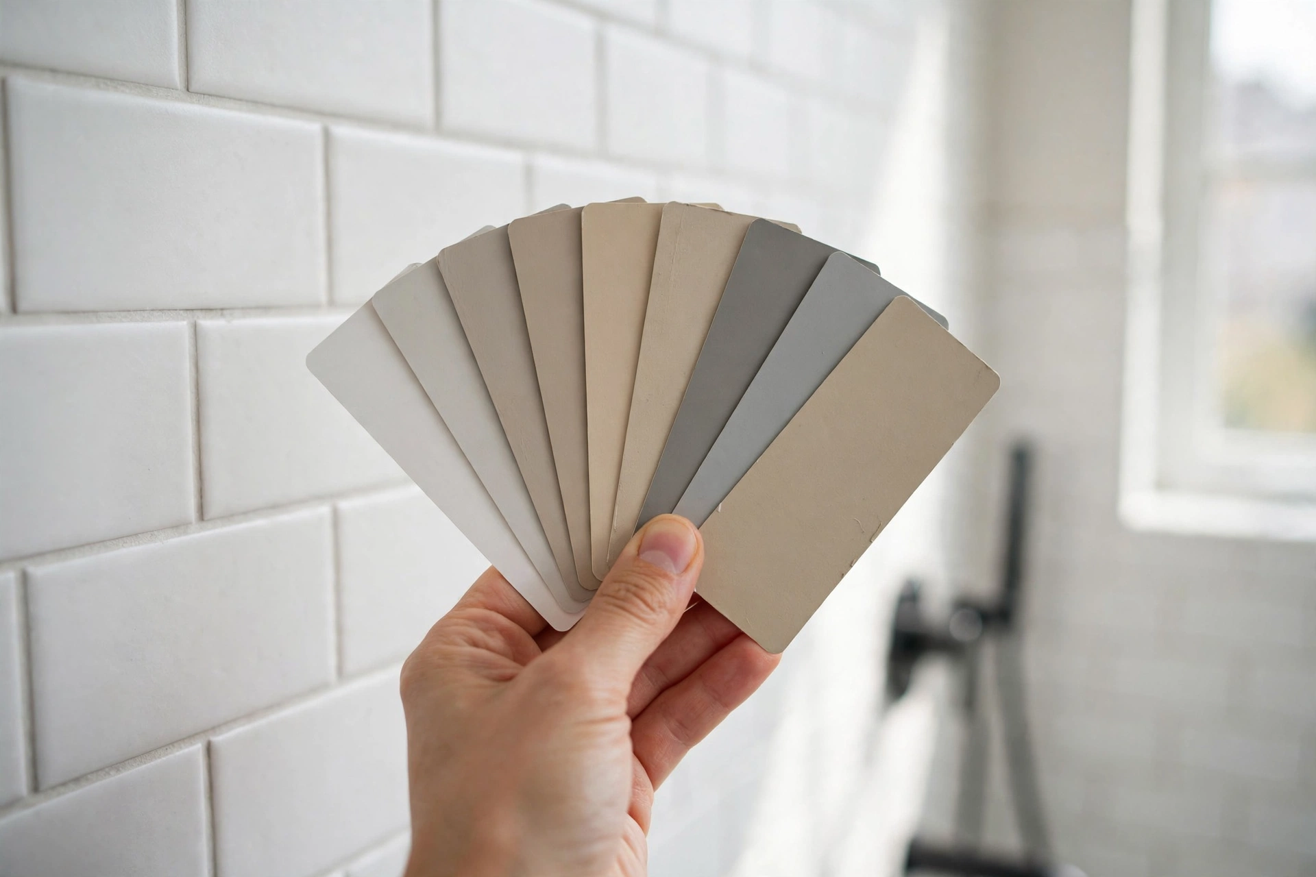 Grout color sample cards held against bathroom tile in daylight