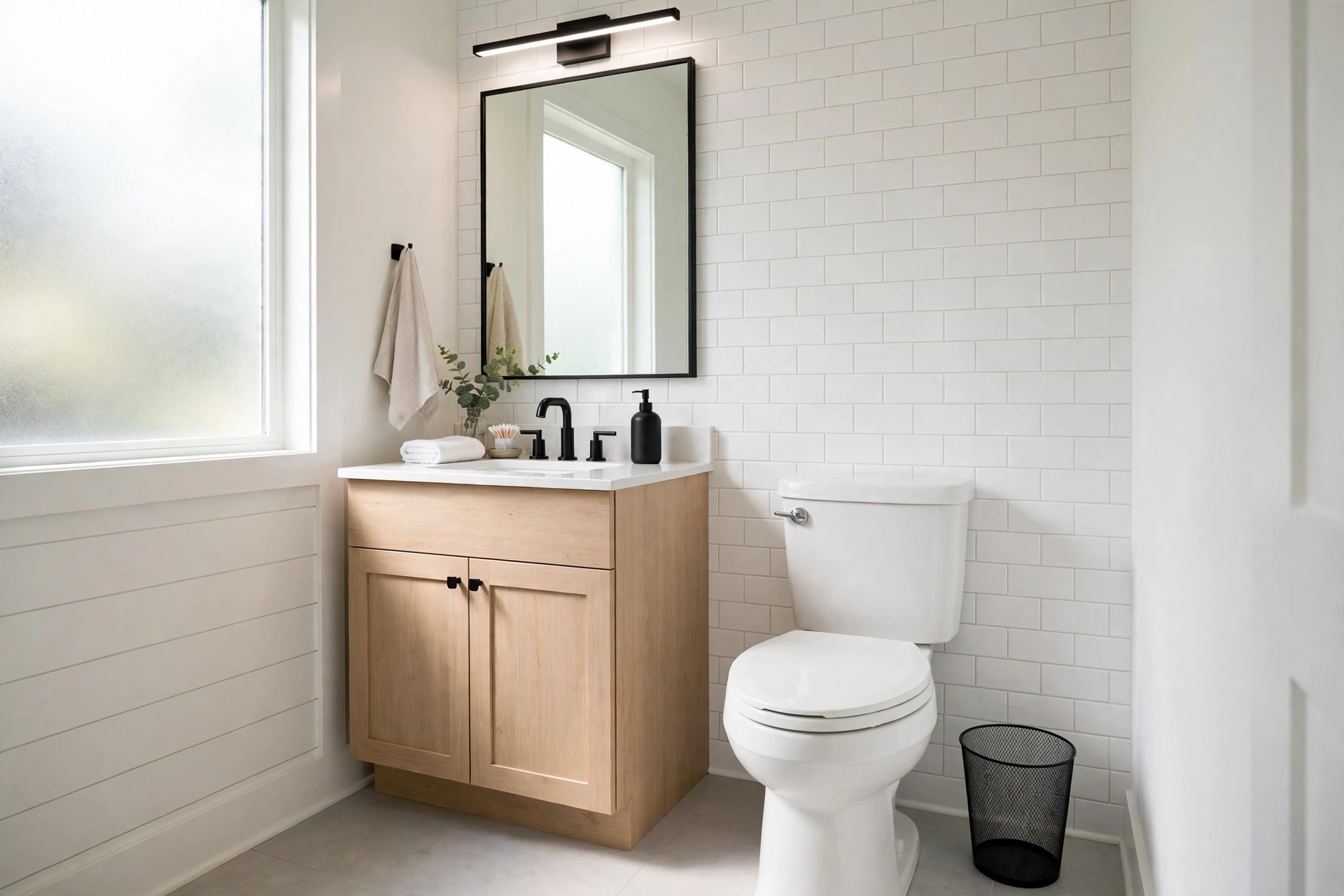 Small bathroom trash can placed beside the toilet within easy reach