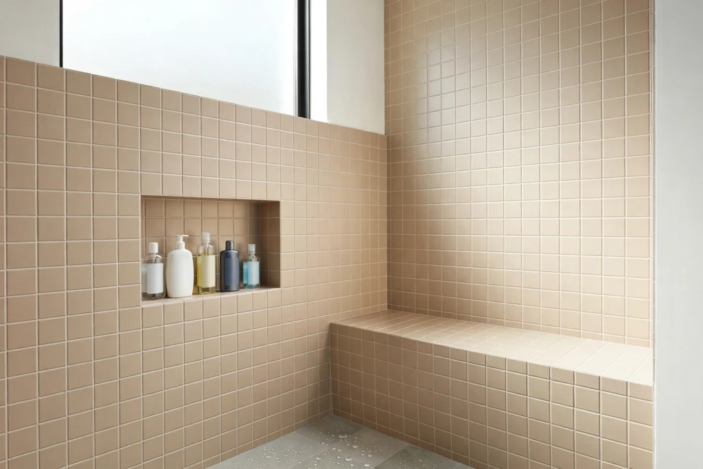 Tiled shower bench beside a recessed wall niche with bottles